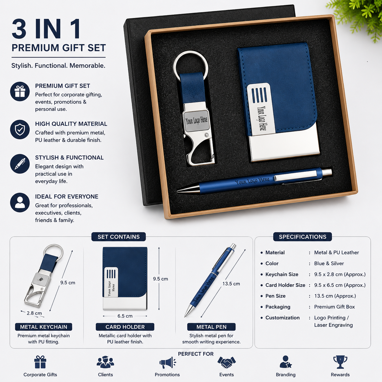 3IN1-2 GRACE Premium Corporate Gift Set – Metal Pen, PU Card Holder & Metal Keychain Gift Combo with Custom Logo Branding (Blue Edition) - Image 2
