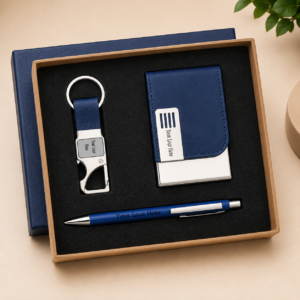 3IN1-2 GRACE Premium Corporate Gift Set – Metal Pen, PU Card Holder & Metal Keychain Gift Combo with Custom Logo Branding (Blue Edition)
