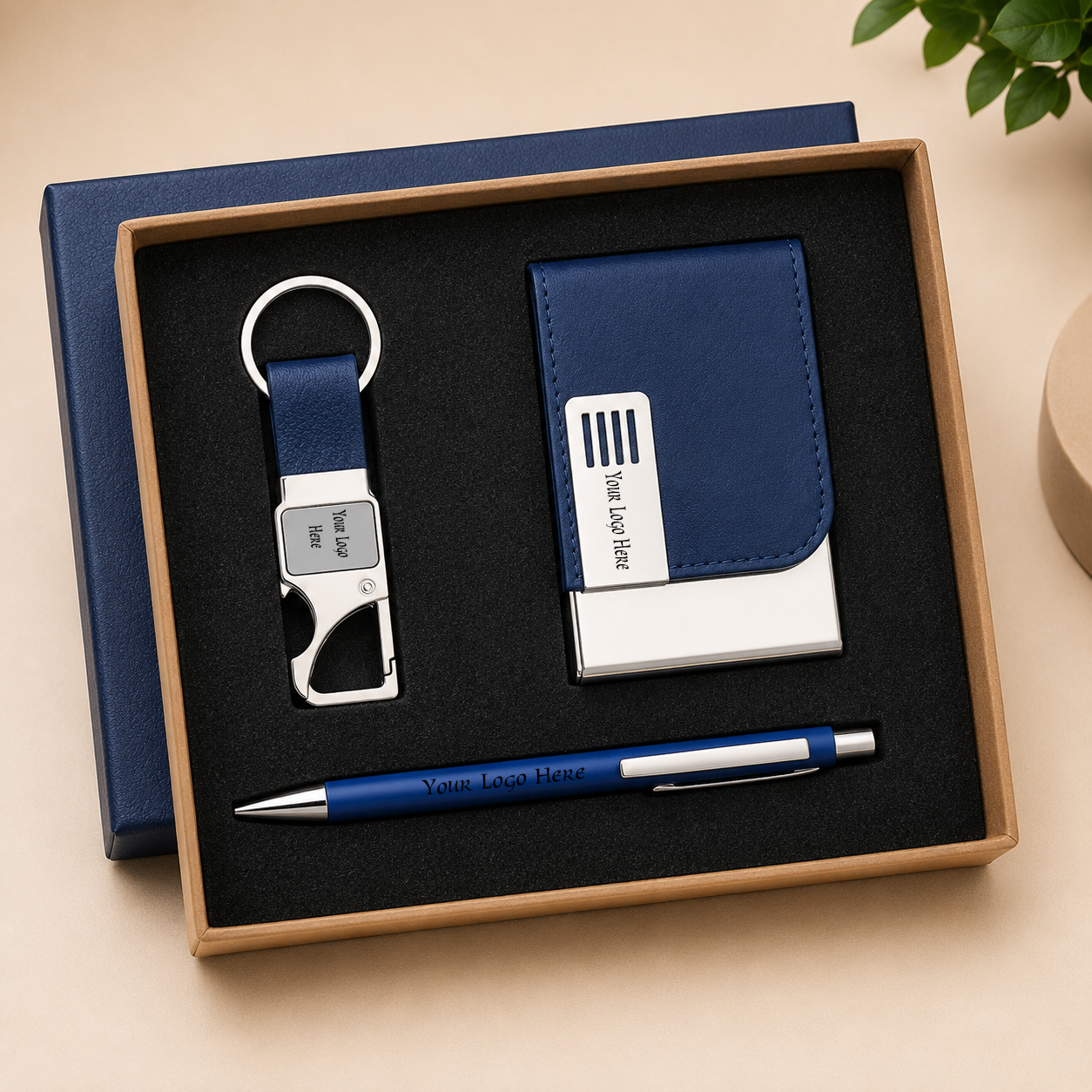 3IN1-2 GRACE Premium Corporate Gift Set – Metal Pen, PU Card Holder & Metal Keychain Gift Combo with Custom Logo Branding (Blue Edition)