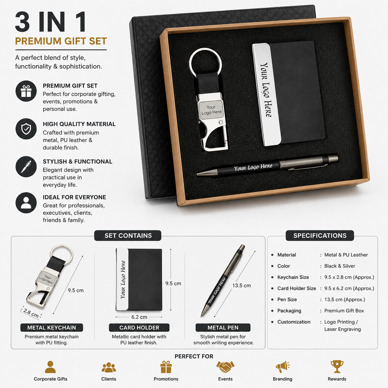 3 IN 1 CRED Premium Corporate Gift Set – Metal Pen, PU Card Holder & Metal Keychain Gift Combo with Custom Logo Branding - Image 2