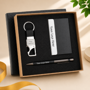 3 IN 1 CRED Premium Corporate Gift Set – Metal Pen, PU Card Holder & Metal Keychain Gift Combo with Custom Logo Branding
