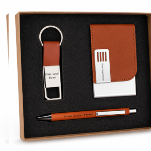 3N1-3 NOVA Premium Corporate Gift Set – Metal Pen, PU Card Holder & Metal Keychain Gift Combo with Custom Logo Branding (Brown Edition)