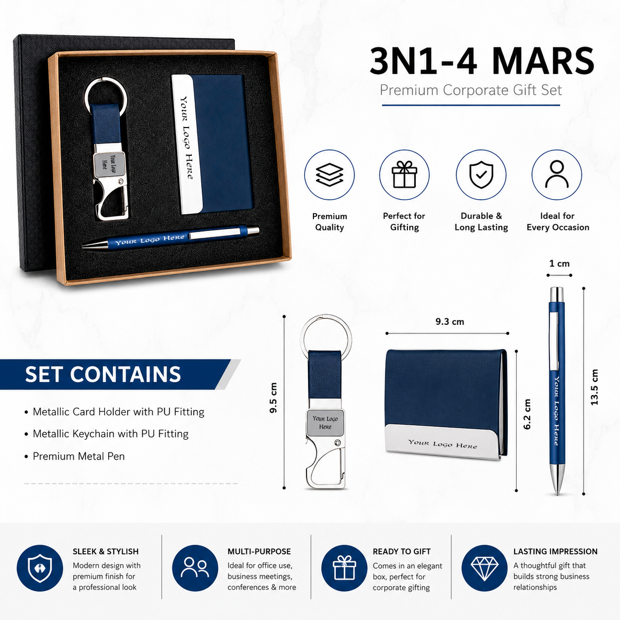 3N1-4 MARS Premium Corporate Gift Set – Metal Pen, PU Card Holder & Metal Keychain Gift Combo with Custom Logo Branding (Blue Edition) - Image 2