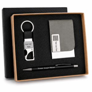 3N1-5 ELEVATE Premium Corporate Gift Set – Metal Pen, PU Card Holder & Metal Keychain Gift Combo with Custom Logo Branding (Grey Edition)