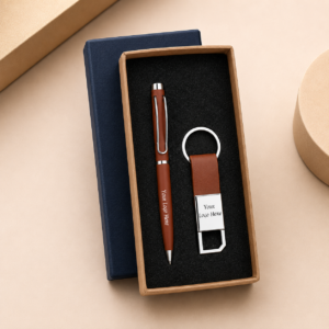Premium Leather Finish Executive Gift Set with Metal Pen & PU Leather Keychain | Personalized Corporate Gift Box