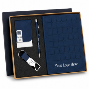 4N1-1 BOSS Premium Corporate Gift Set – A5 Notebook, Metal Pen, Metal Card Holder & Metal Keychain with Custom Logo Branding (Blue Edition)
