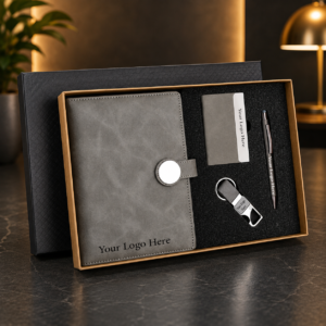 Premium Grey 4-in-1 Corporate Gift Set – A5 PU Diary, Metal Pen, Card Holder & Keychain with Custom Logo