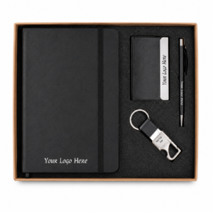 Charm 4-in-1 Premium Corporate Gift Set – Notebook, Metal Pen, Card Holder & Keychain | Custom Logo Gift Set