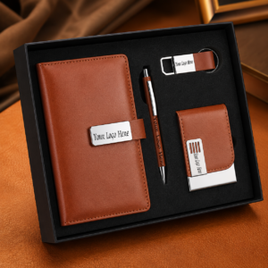 SKY Premium 4-in-1 Corporate Gift Set – Diary, Metal Pen, Visiting Card Holder & Keychain | Custom Logo Gift Set