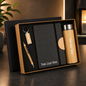 Premium Bamboo Corporate Gift Set with Notebook, Pen, Keychain & Vacuum Flask – Customized 4-in-1 Gift Box