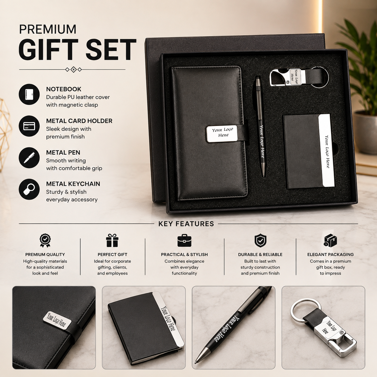 Premium Black Leather Corporate Gift Set with Notebook, Metal Pen, Card Holder & Keychain – Customized 4-in-1 Gift Box - Image 2