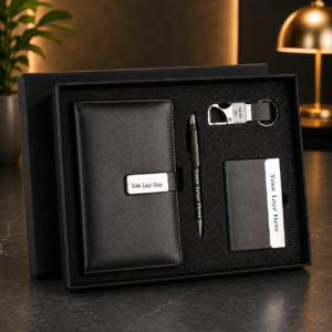 Premium Black Leather Corporate Gift Set with Notebook, Metal Pen, Card Holder & Keychain – Customized 4-in-1 Gift Box