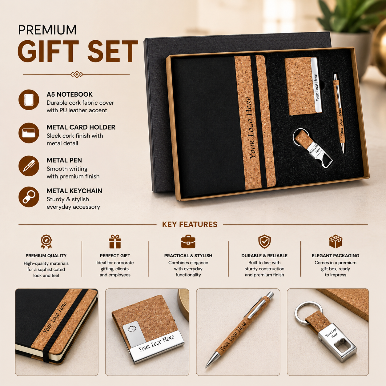 Premium Cork & Black Corporate Gift Set with A5 Notebook, Metal Pen, Card Holder & Keychain – Customized 4-in-1 Gift Box - Image 2