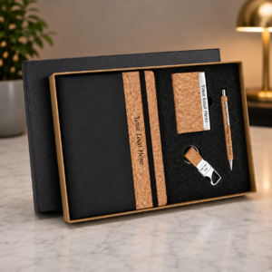 Premium Cork & Black Corporate Gift Set with A5 Notebook, Metal Pen, Card Holder & Keychain – Customized 4-in-1 Gift Box