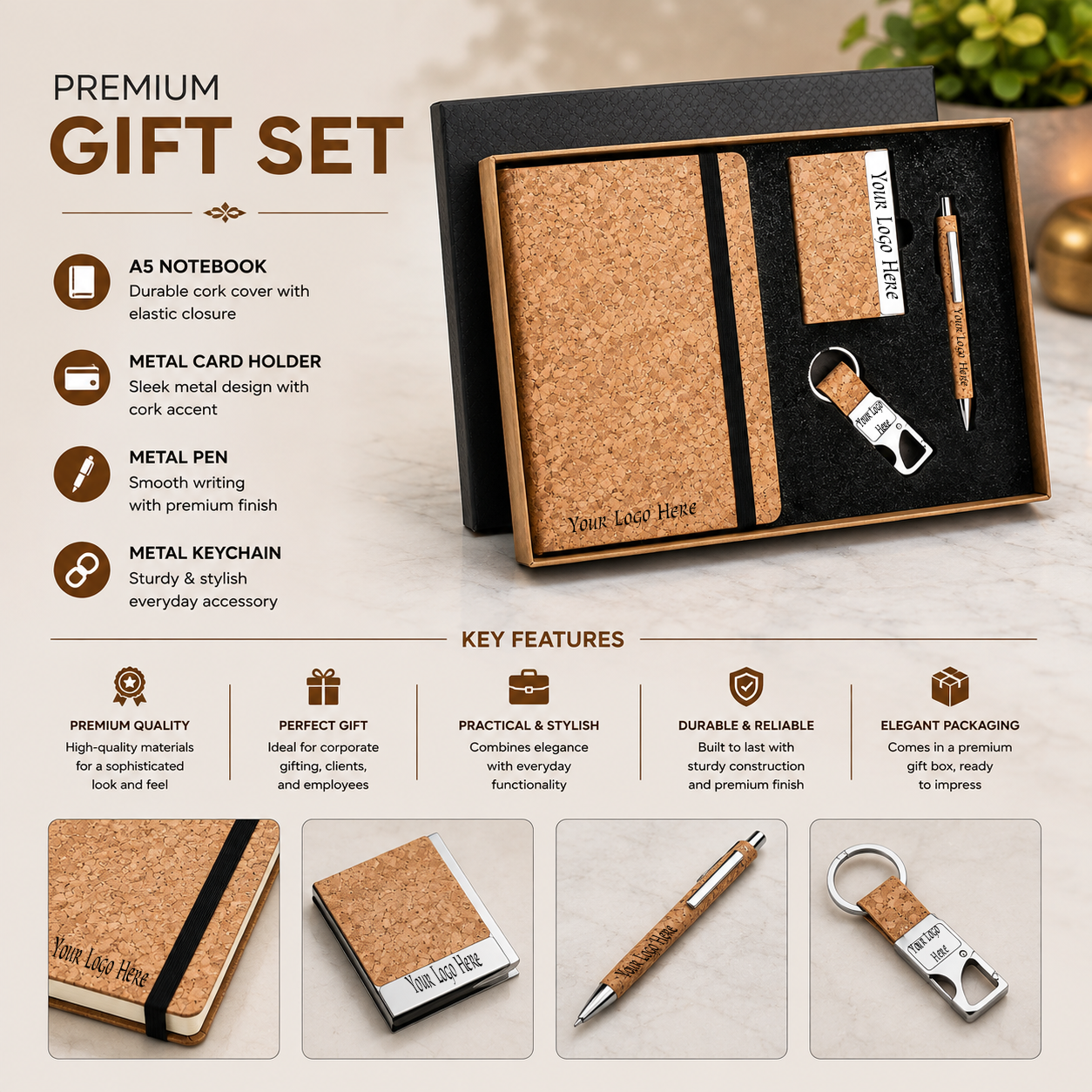 Premium Cork Corporate Gift Set with A5 Notebook, Metal Pen, Card Holder & Keychain – Custom Logo Gift Box - Image 2