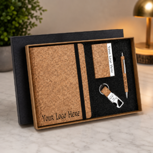 Premium Cork Corporate Gift Set with A5 Notebook, Metal Pen, Card Holder & Keychain – Custom Logo Gift Box