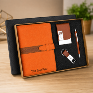 Premium 4-in-1 Corporate Gift Set – A5 Notebook, Metal Pen, Card Holder & Keychain with Custom Logo