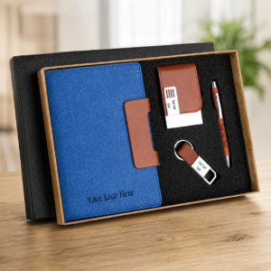 Premium Blue 4-in-1 Corporate Gift Set – A5 Notebook, Metal Pen, Card Holder & Keychain with Logo Branding