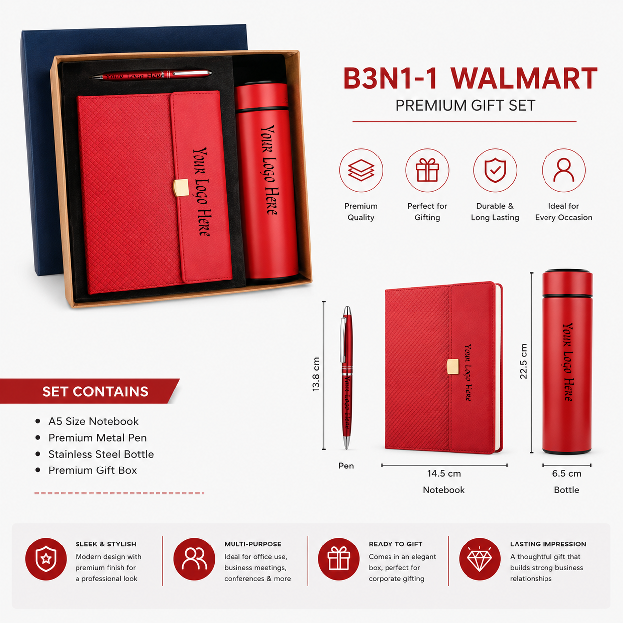 B3N1-1 WALMART Premium Corporate Gift Set – A5 Notebook, Stainless Steel Vacuum Bottle & Metal Pen with Custom Logo Branding (Red Edition) - Image 2
