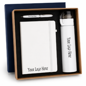 B3N1-3 ANGLE Premium Corporate Gift Set – A5 Notebook, Stainless Steel Vacuum Bottle & Metal Pen with Custom Logo Branding (White Edition)