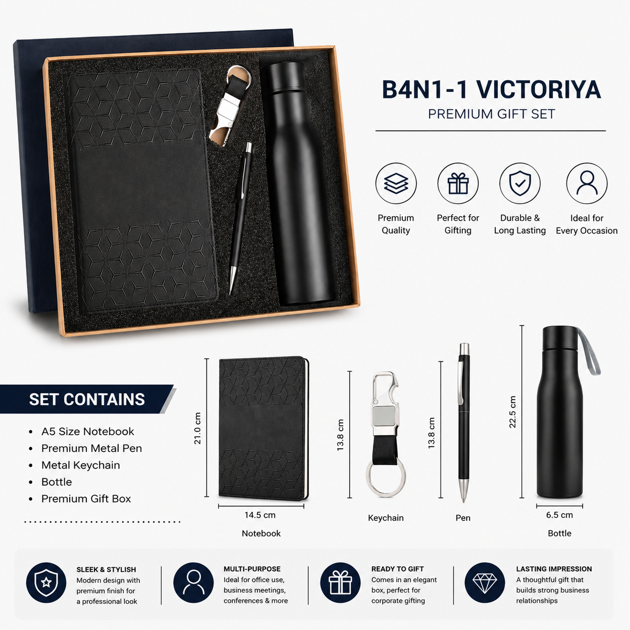Victoriya Premium 4-in-1 Corporate Gift Set – A5 Notebook, Metal Pen, Keychain & Bottle | Custom Logo Corporate Gift - Image 2