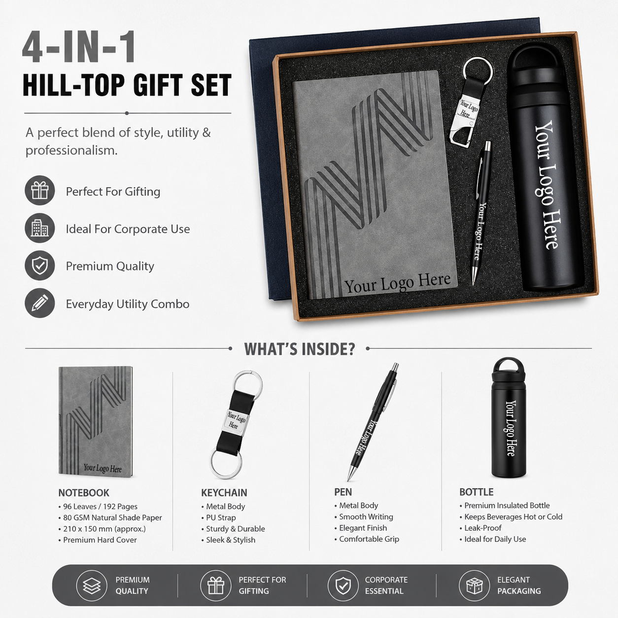 Hill-Top 4-in-1 Premium Corporate Gift Set – A5 Notebook, Metal Pen, Keychain & Insulated Bottle | Custom Logo Gift Set - Image 2