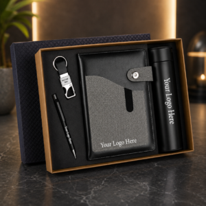 Premium 4-in-1 Corporate Gift Set – PU Notebook, Vacuum Flask, Metal Pen & Keychain with Custom Logo