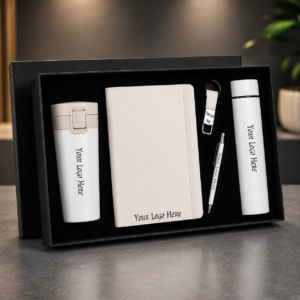 Premium 5-in-1 Corporate Gift Set – PU Notebook, Travel Tumbler, Vacuum Flask, Metal Pen & Keychain with Custom Logo