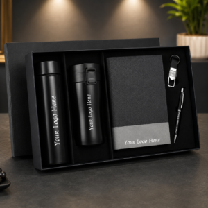 Premium Black 5-in-1 Corporate Gift Set – Notebook, Vacuum Flask, Travel Mug, Metal Pen & Keychain with Custom Logo