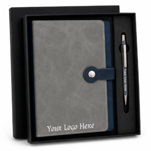 NP-4 BLISS Premium A5 Notebook & Metal Pen Gift Set with Custom Logo Branding | Executive Corporate Gift Box (Grey & Blue Edition)