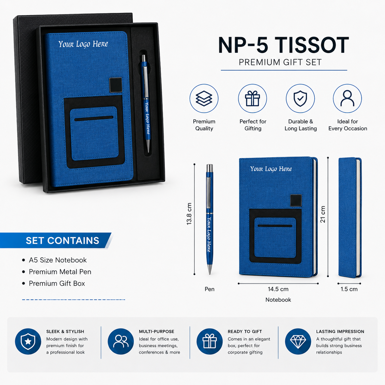 NP-5 TISSOT Premium A5 Notebook & Metal Pen Gift Set with Custom Logo Branding | Executive Corporate Gift Box (Blue Edition) - Image 2