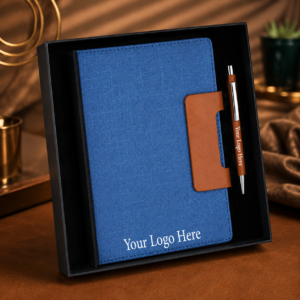 Premium Blue 2-in-1 Corporate Gift Set – A5 Fabric Notebook & Metal Pen with Custom Logo