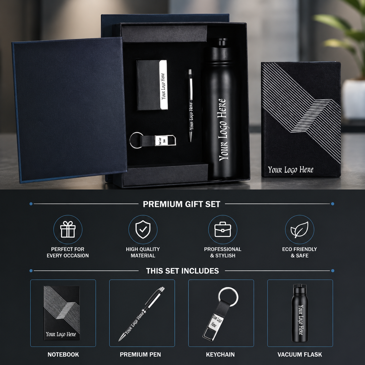 Premium 4-in-1 Corporate Gift Set – Notebook, Vacuum Flask, Metal Pen & Keychain with Custom Logo - Image 2