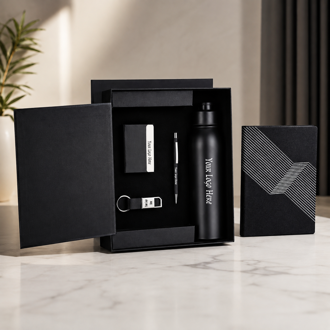 Premium 4-in-1 Corporate Gift Set – Notebook, Vacuum Flask, Metal Pen & Keychain with Custom Logo