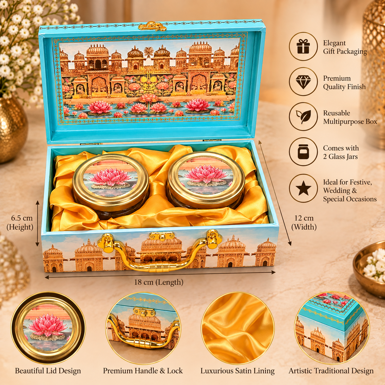 Premium Aqua Blue Palace Design Dry Fruit Gift Box with 2 Glass Jars | Corporate Gift Hamper - Image 2
