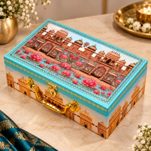 Premium Aqua Blue Palace Design Dry Fruit Gift Box with 2 Glass Jars | Corporate Gift Hamper