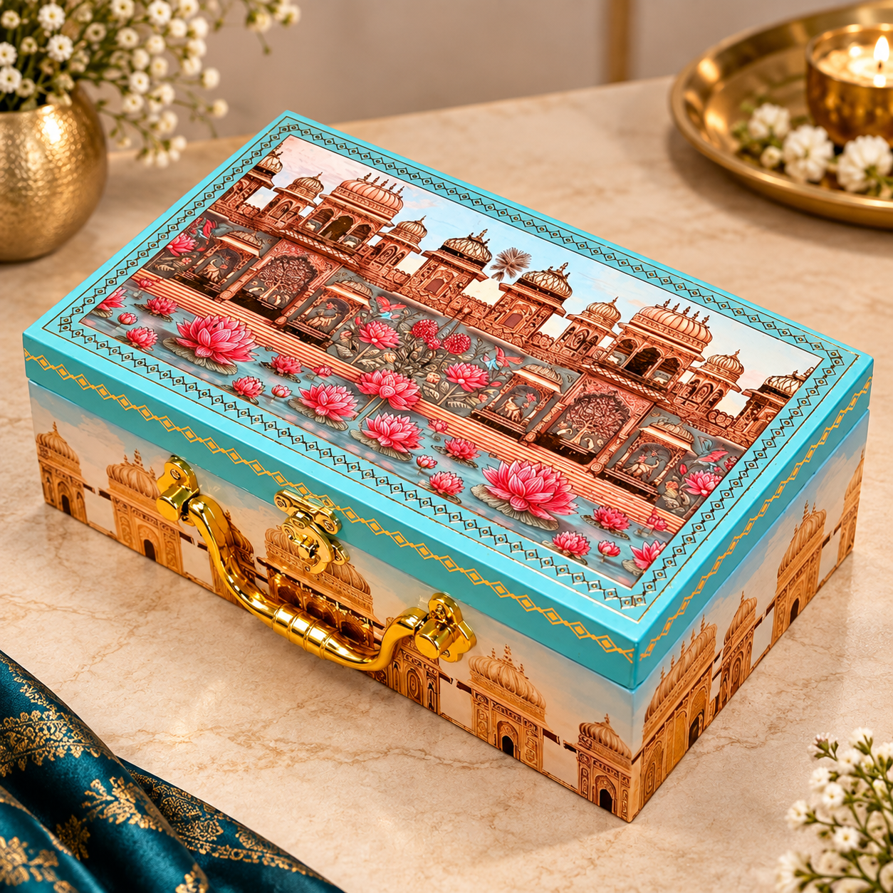 Premium Aqua Blue Palace Design Dry Fruit Gift Box with 2 Glass Jars | Corporate Gift Hamper