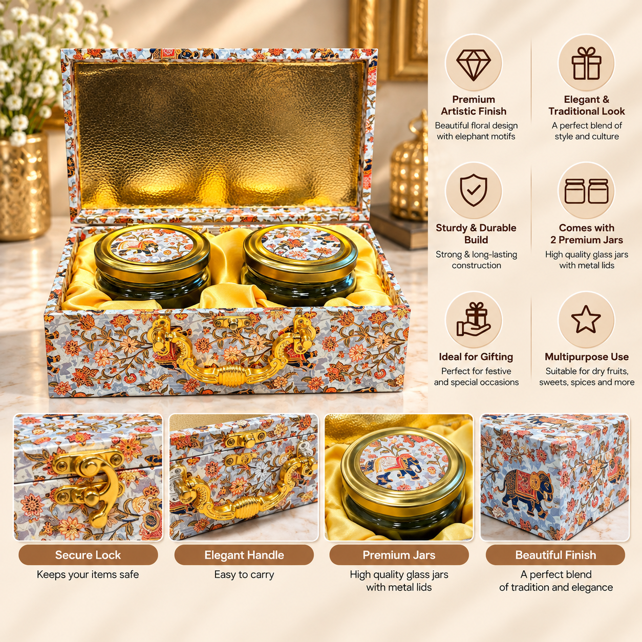 Premium Traditional Elephant Print Gift Box with 2 Glass Jars | Corporate & Festive Gift Box - Image 2