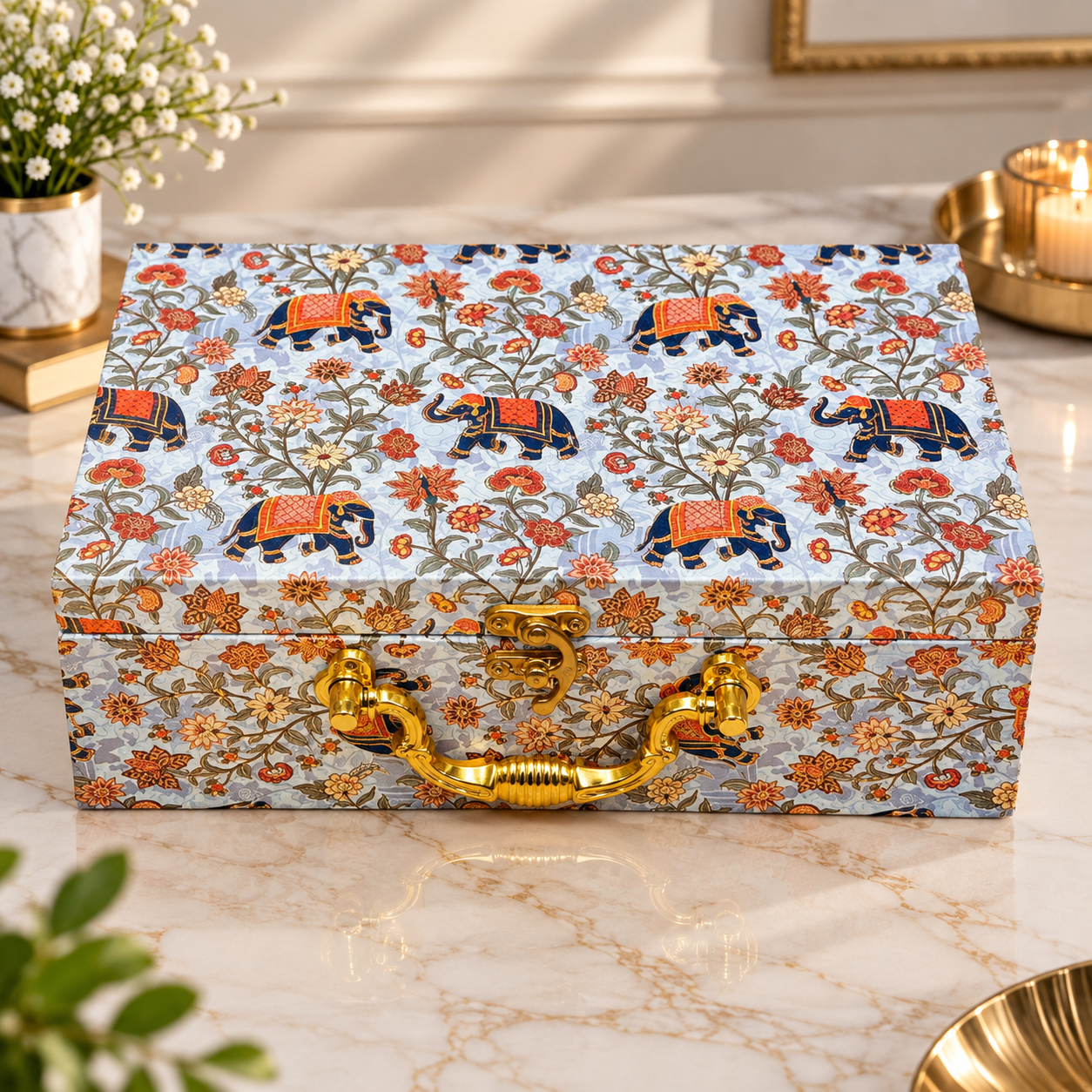 Premium Traditional Elephant Print Gift Box with 2 Glass Jars | Corporate & Festive Gift Box