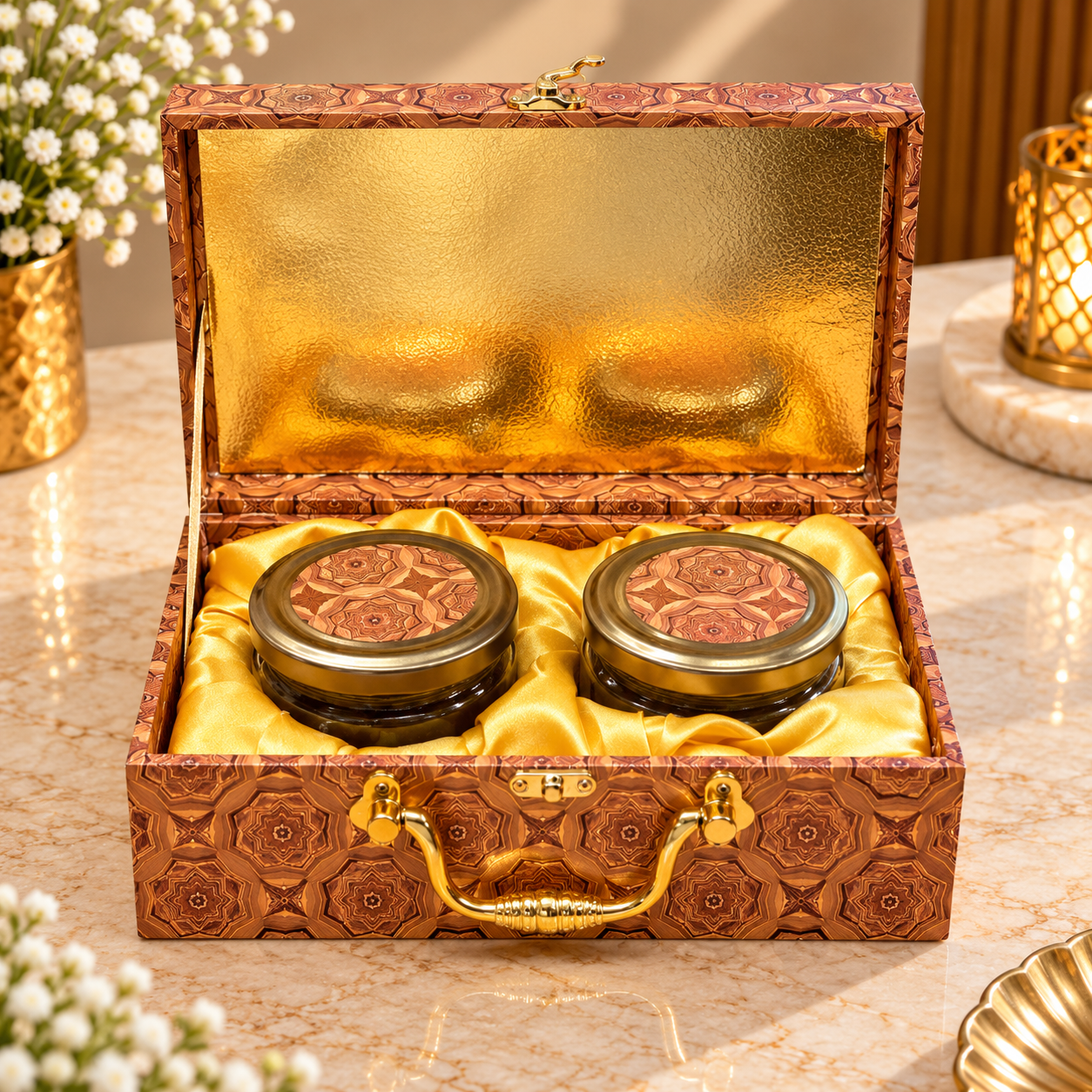 Premium Wooden Geometric Gift Box with 2 Glass Jars | Luxury Corporate Dry Fruit Gift Box - Image 2