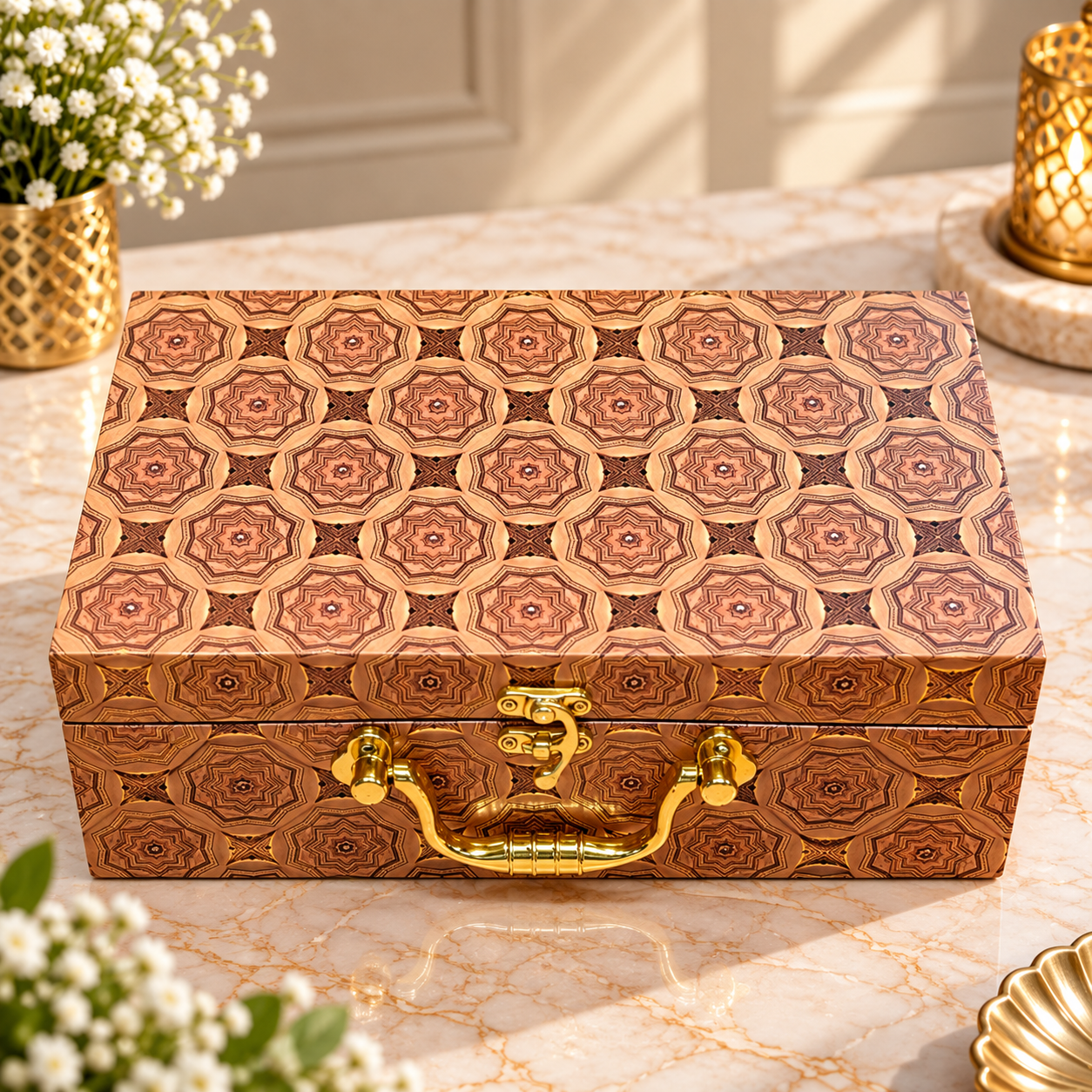 Premium Wooden Geometric Gift Box with 2 Glass Jars | Luxury Corporate Dry Fruit Gift Box