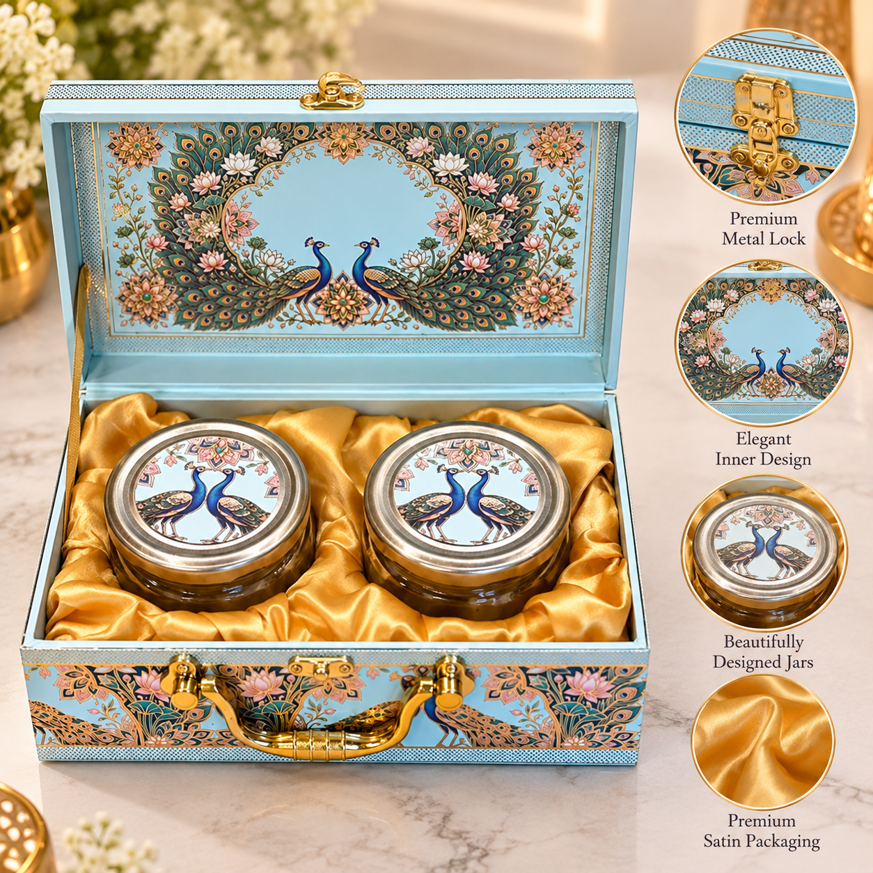 Premium Peacock Design Gift Box with 2 Glass Jars | Luxury Corporate Dry Fruit Gift Box - Image 2