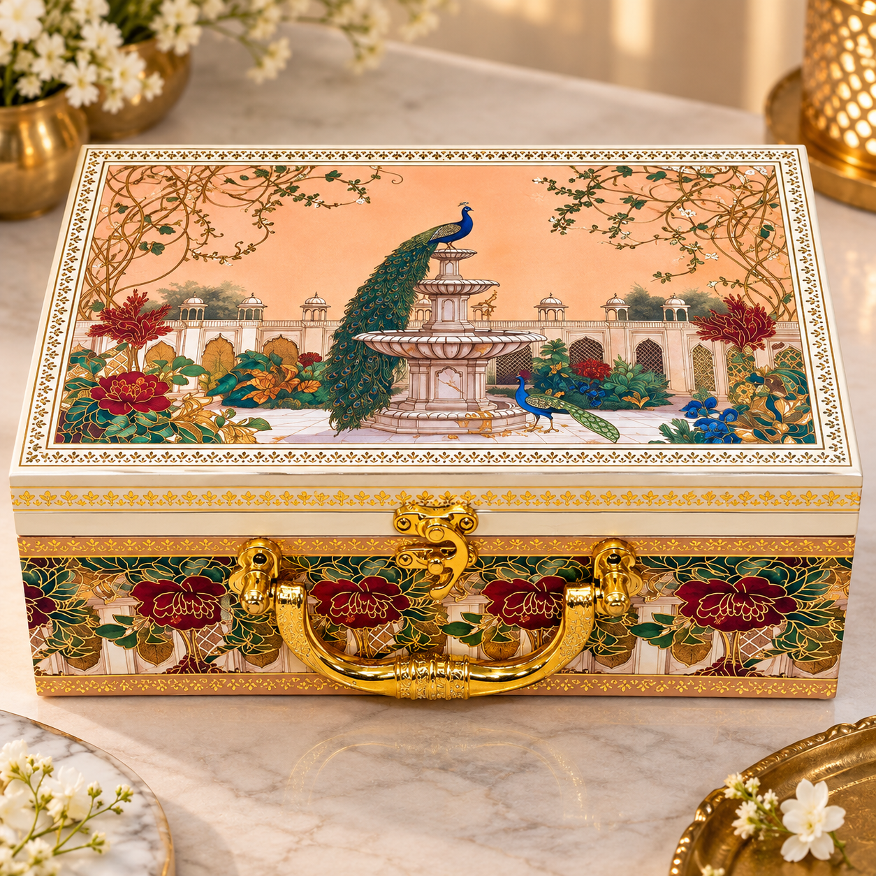 Premium Peacock Design Dry Fruit Gift Box with 2 Glass Jars | Luxury Corporate Gift Hamper