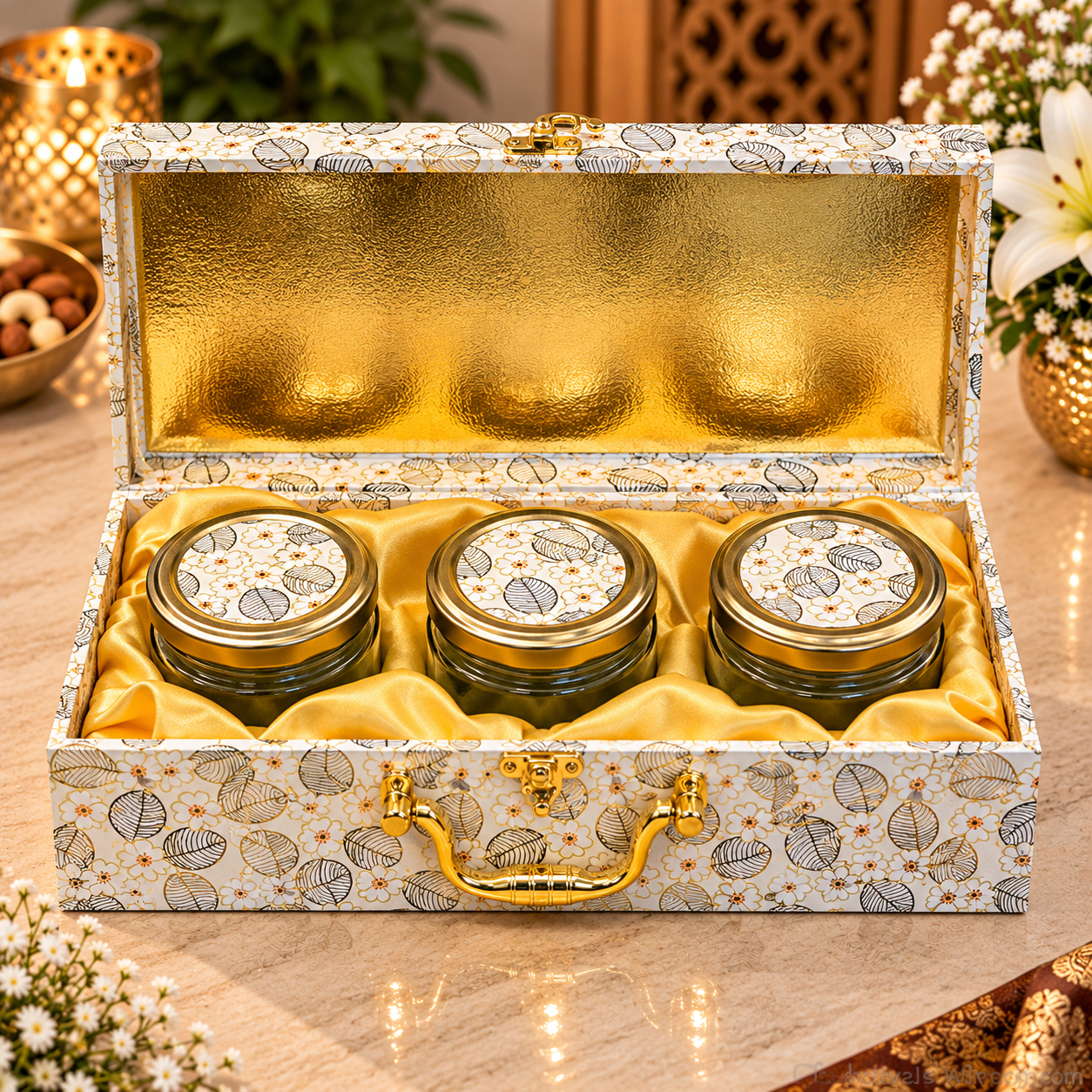 Premium White Floral 3 Jar Dry Fruit Gift Box | Luxury Corporate & Diwali Gift Hamper - Image 2