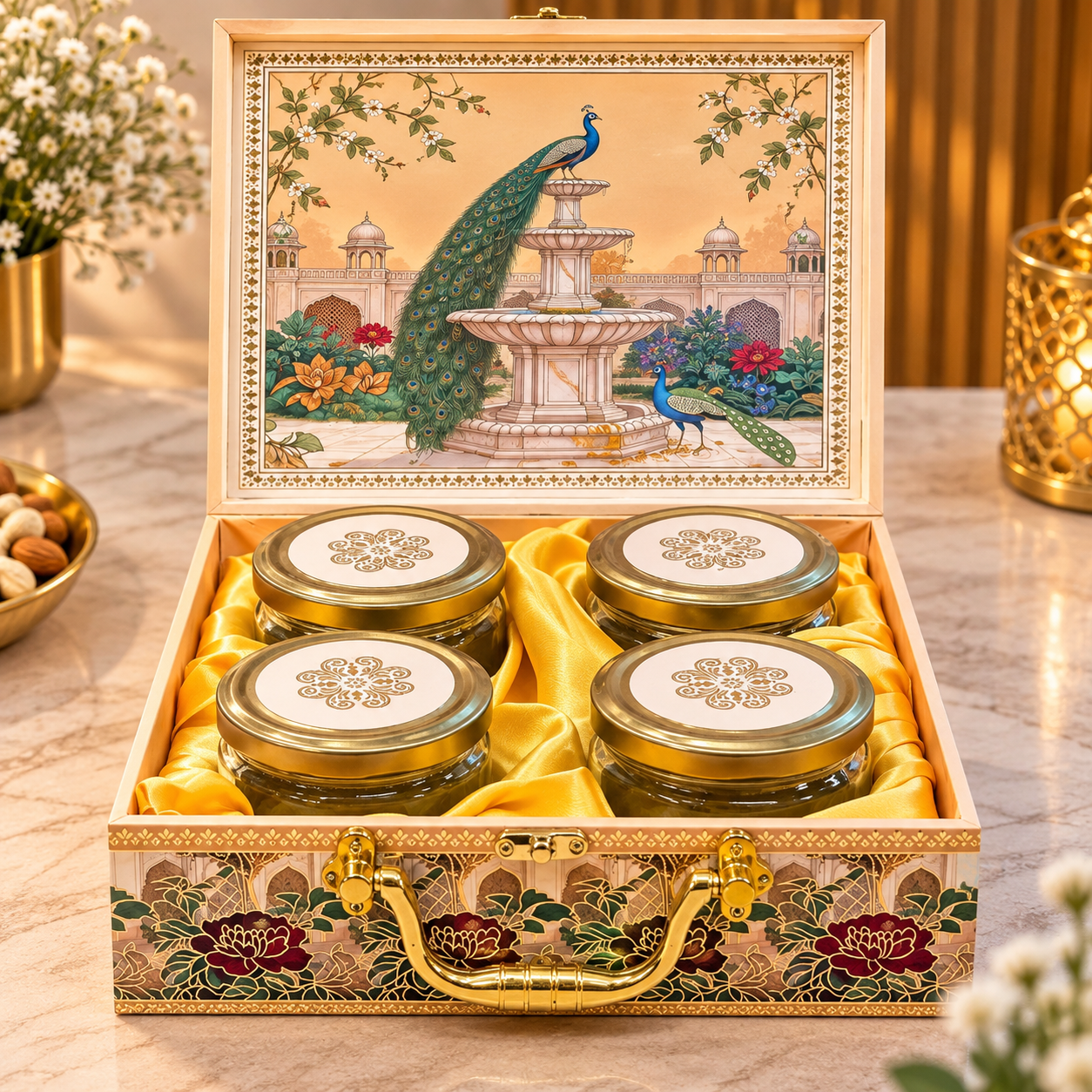 Royal Peacock Palace 4-Jar Dry Fruit Gift Box – Premium Corporate Diwali Hamper - Image 2