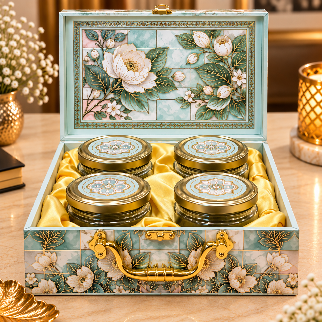 Mint Floral 4-Jar Dry Fruit Gift Box – Premium Corporate & Diwali Gift Hamper - Image 2