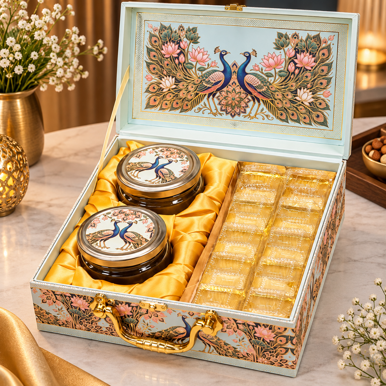 Premium Peacock Dry Fruit & Sweets Gift Hamper Box – Luxury Corporate Diwali Gift - Image 2