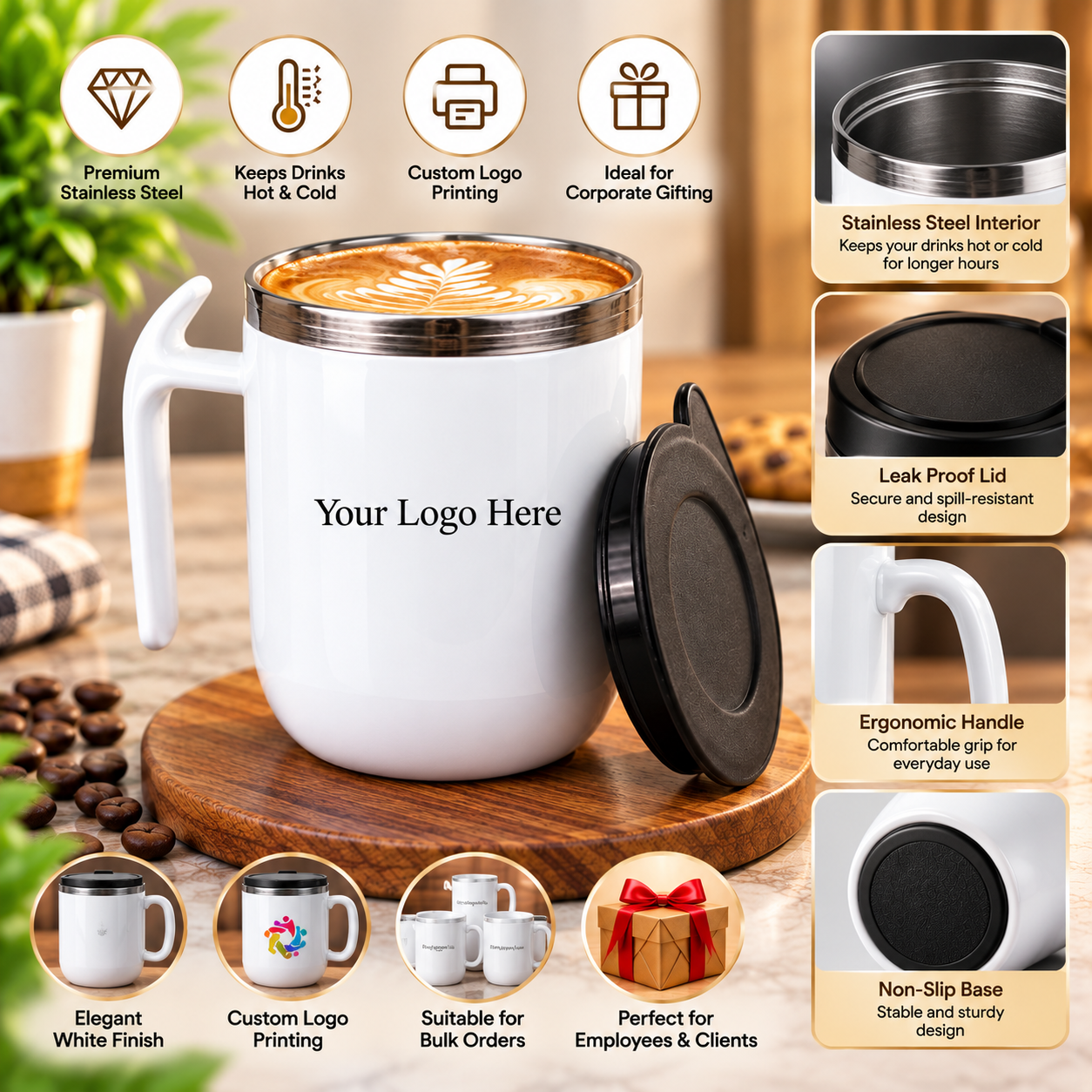 Custom Stainless Steel Insulated Coffee Mug with Lid & Handle – Corporate Gift - Image 2