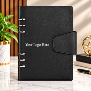 Premium Black Leatherette Ring Binder Corporate Organizer Diary with Magnetic Closure | Custom Logo Notebook – 192 Pages