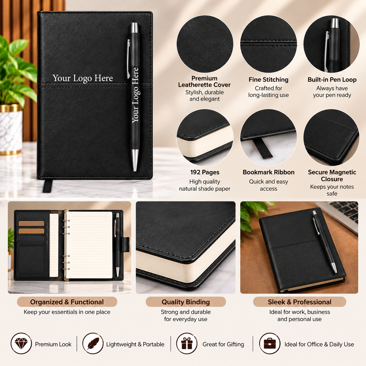 Premium Black Leatherette Corporate Organizer Diary with Pen Holder | Custom Logo Executive Notebook – 192 Pages - Image 2